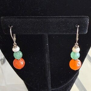 Green and Orange Bead Drop Earrings with Pearl Accent by